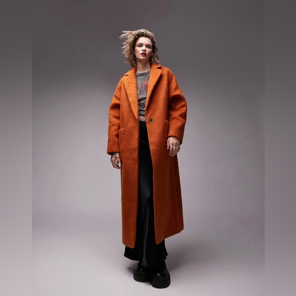 Topshop brushed long coat with patch pockets in burnt orange. Worn only once.
